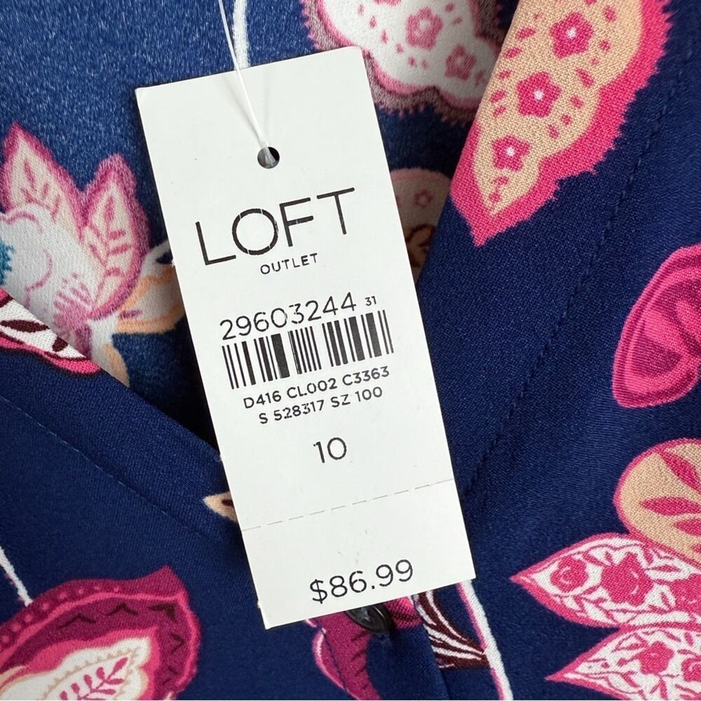 Loft NWT Floral Tie Waist Dress Navy Blue & Pink 10 Spring Romantic Button Front - Picture 3 of 13